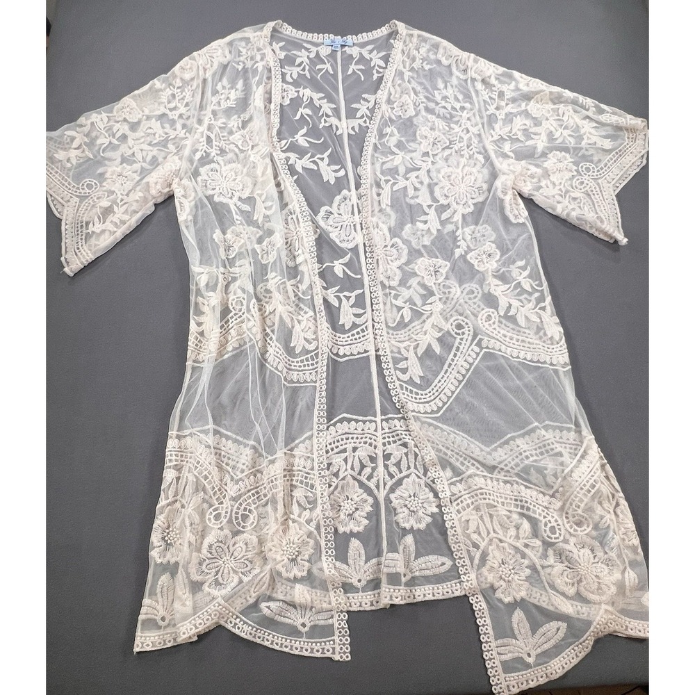 She + Sky Ivory Sheer Embroidered Lace Floral Cover-Up Kimono SL4261R2 M/L